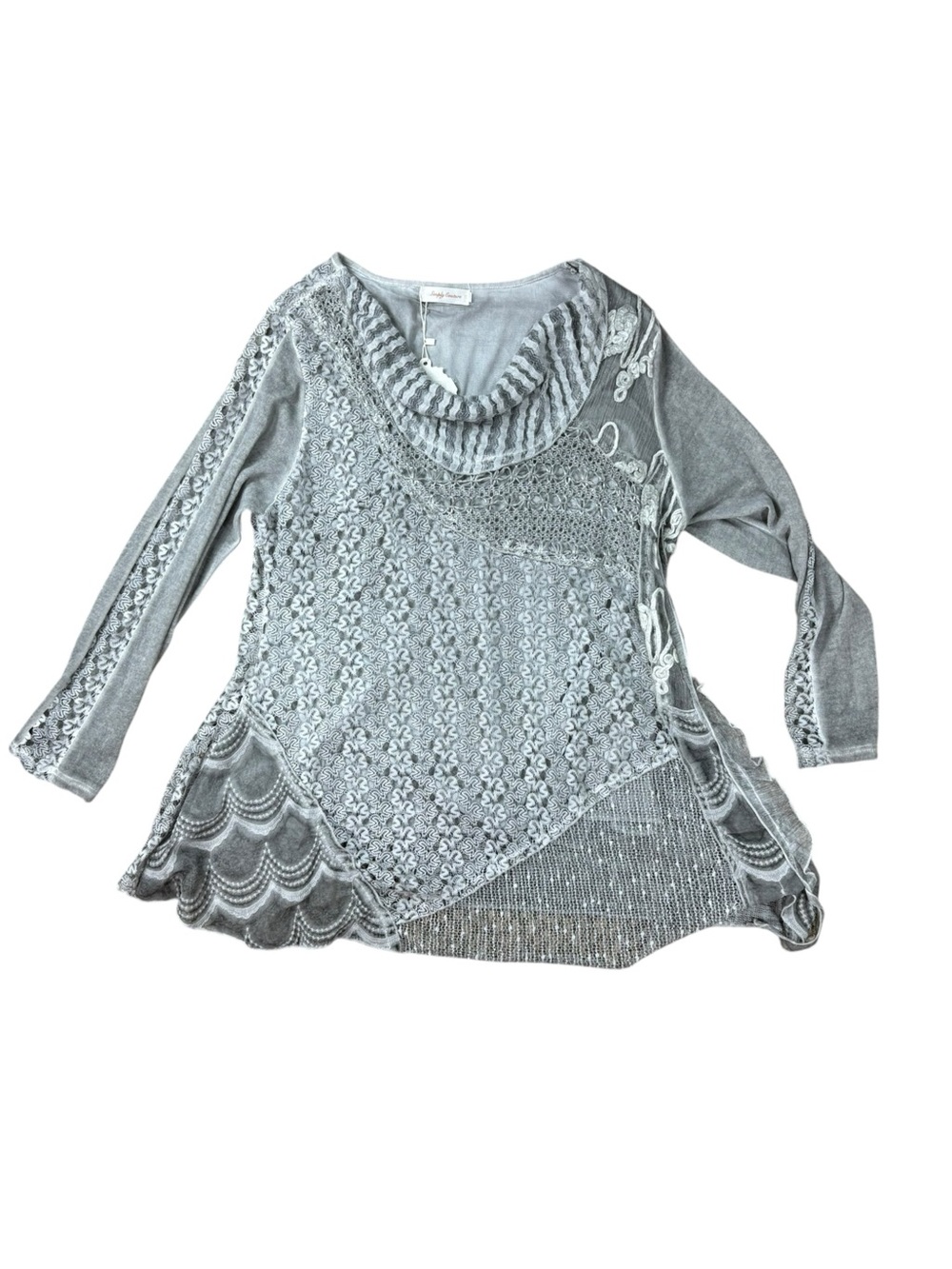 NWT Simply Couture gray lace and crochet overlay boho cowl neck top size 3XL